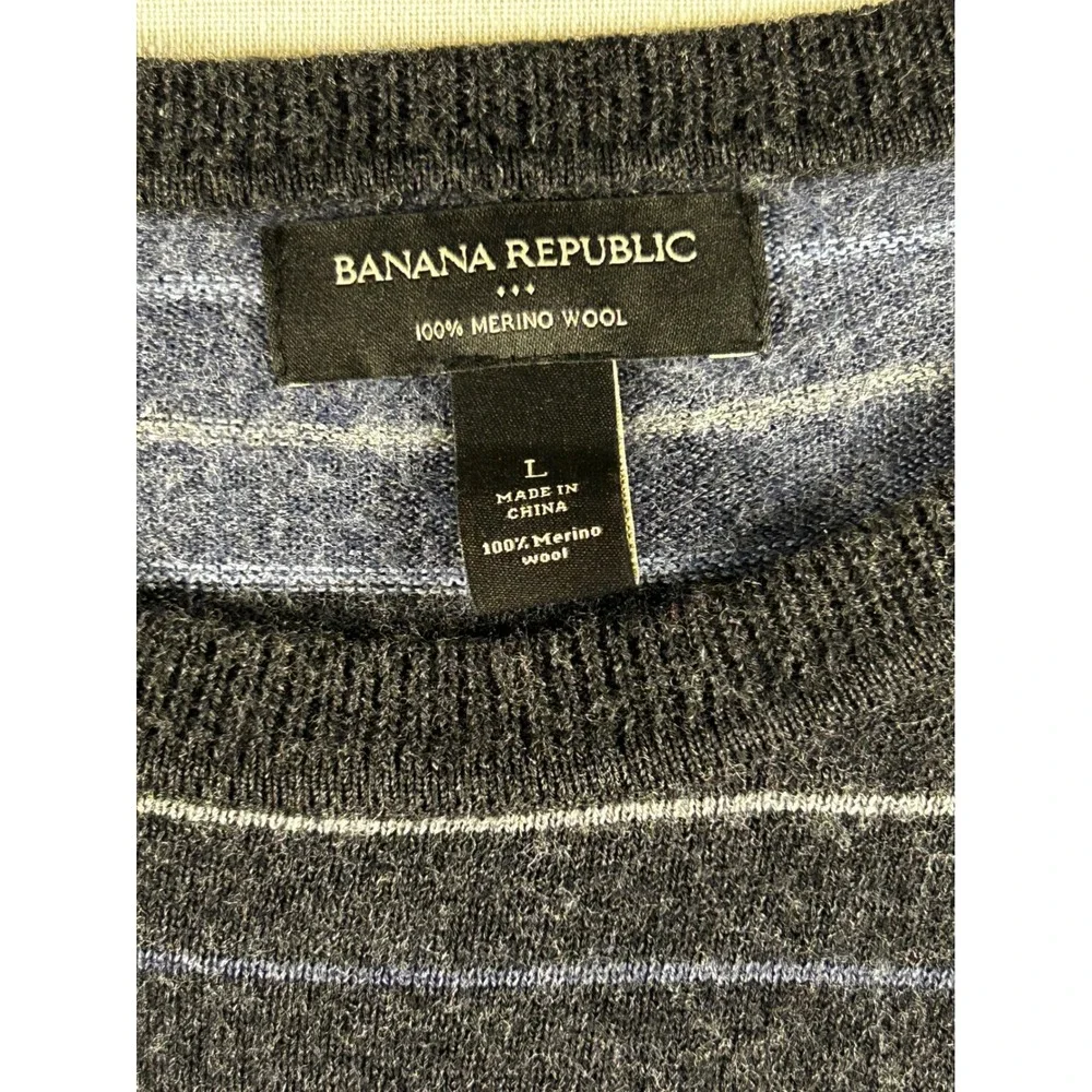 Banana Republic Mens Blue Striped‎ 100% Merino Wool Crewneck Sweater Large